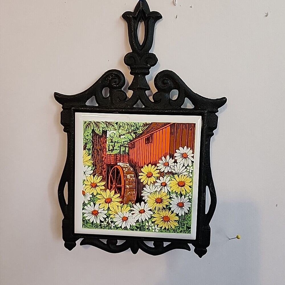 Vtg Cherry MCM Cast Iron Tile Trivet Japan 1970s Daisies And Water Wheel 9x6